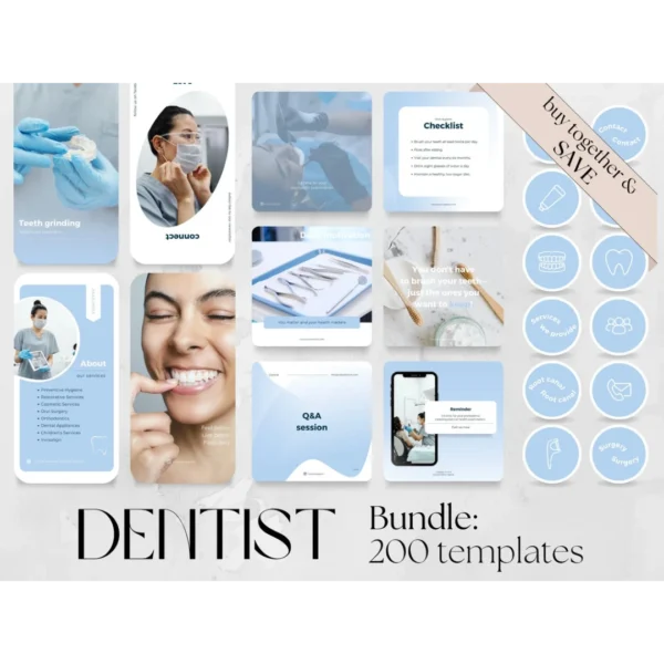 200 Dental BUNDLE: 60 Posts, 60 Stories, 80 Highlight Covers Template | Social Media dentist clinic, IG Instagram Facebook oral health care